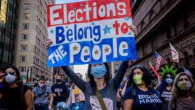 Thousands of New Yorkers joined members of the Protect the Results, taking the streets of Manhattan to celebrate the Biden-Harris ticket victory after winning the majority of the Electoral College votes