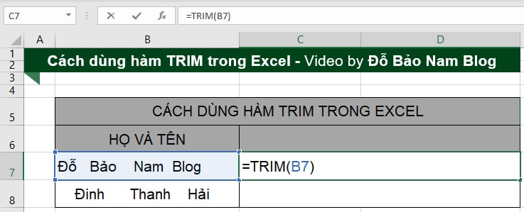 Cách dùng hàm Trim trong Excel khi đứng độc lập