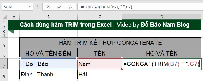 Cách dùng hàm Trim kết hợp với Concatenate trong Excel
