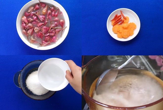 ngâm củ hành qua nước vo gạo rồi sơ chế cà rốt với ớt và đun hỗn hợp nước ngâm - Baotrithuc.vn