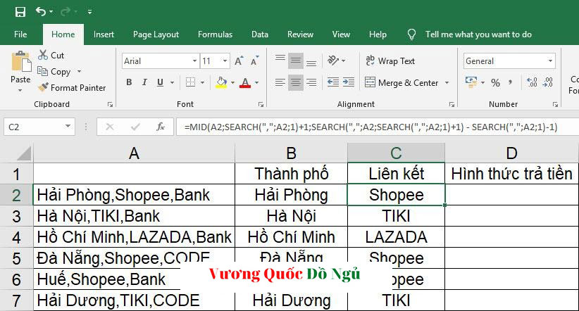 Cách tách chuỗi văn bản theo dấu phẩy hoặc dấu cách trong Excel -hàm tách chuỗi