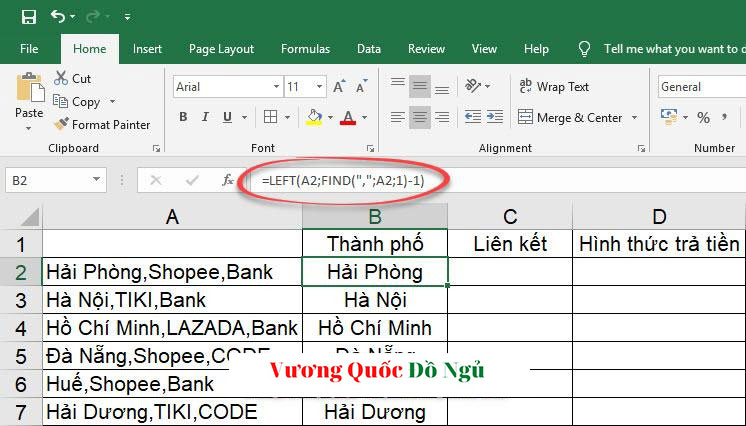 Cách tách chuỗi văn bản theo dấu phẩy hoặc dấu cách trong Excel -hàm tách chuỗi