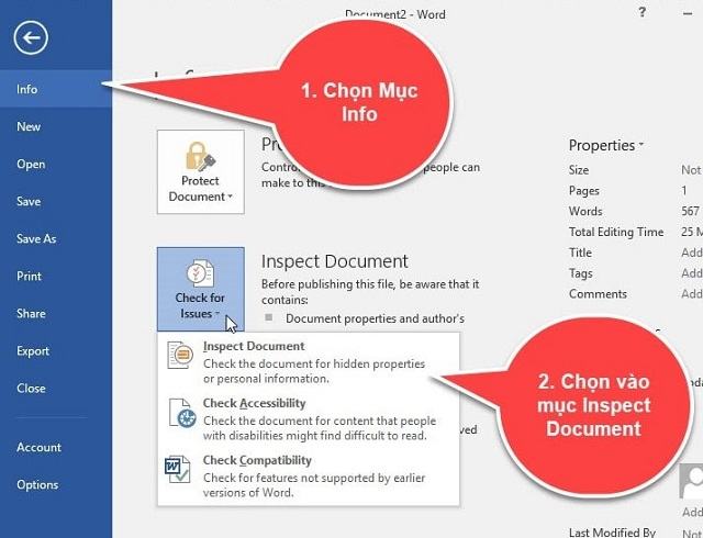 Check For Issues tiếp tục chọn vào nội dung Inspect Document