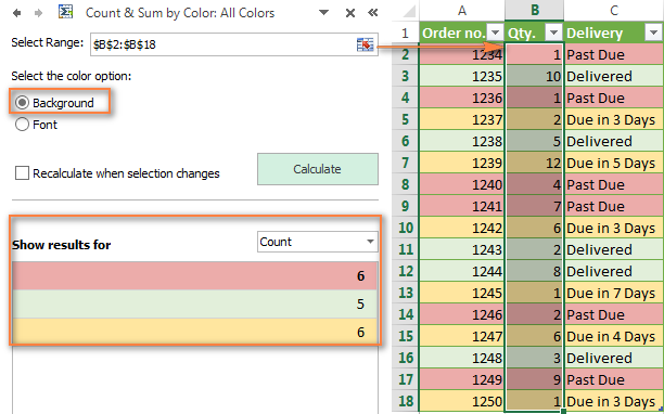 Count and sum cells by all colors in the selected range.