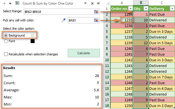 Count and sum cells in Excel by the selected color.