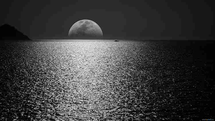 Mặt trăng và bầu trời đen trên mặt nước trong đêm