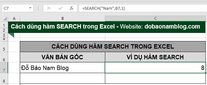 Cách dùng hàm search trong Excel - Ví dụ 1
