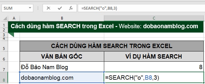 Cách dùng hàm Search trong Excel trong trường hợp đối số start_num lớn hơn 1