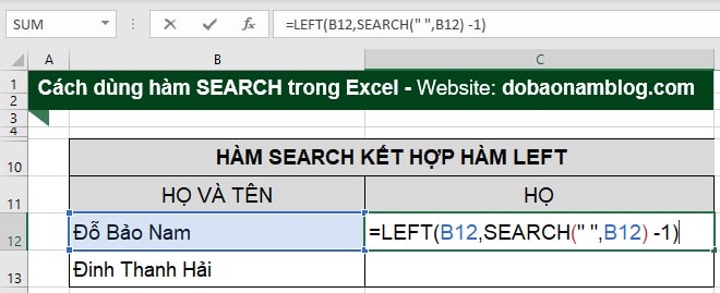 Cách sử dụng hàm Search kết hợp Left