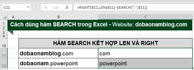 Kết quả khi sử dụng kết hợp giữa hàm Right, Search, Len.