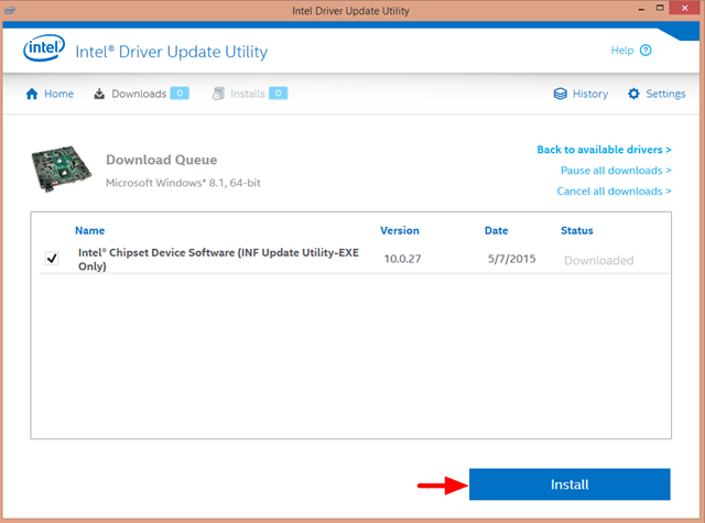 Click vào nút Install nhằm cài đặt phiên bản Intel driver mới nhất. 