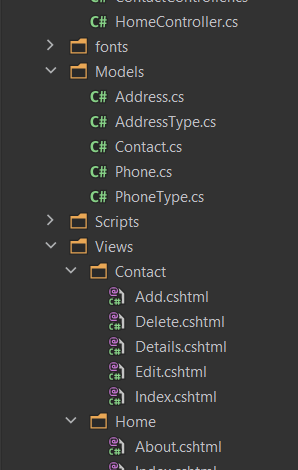 Sample Solution Explorer: Contacts - 1 project > Contacts includes Dependencies, Properties, App_Data, App_Start, Content, Controllers, fonts, Models, Scripts, Views, etc.