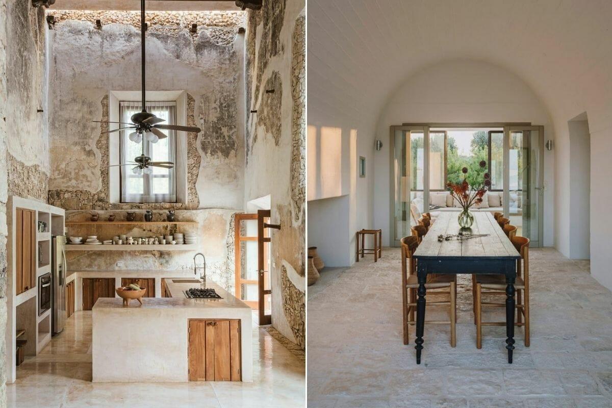 Rustic house interior of a kitchen and dining room