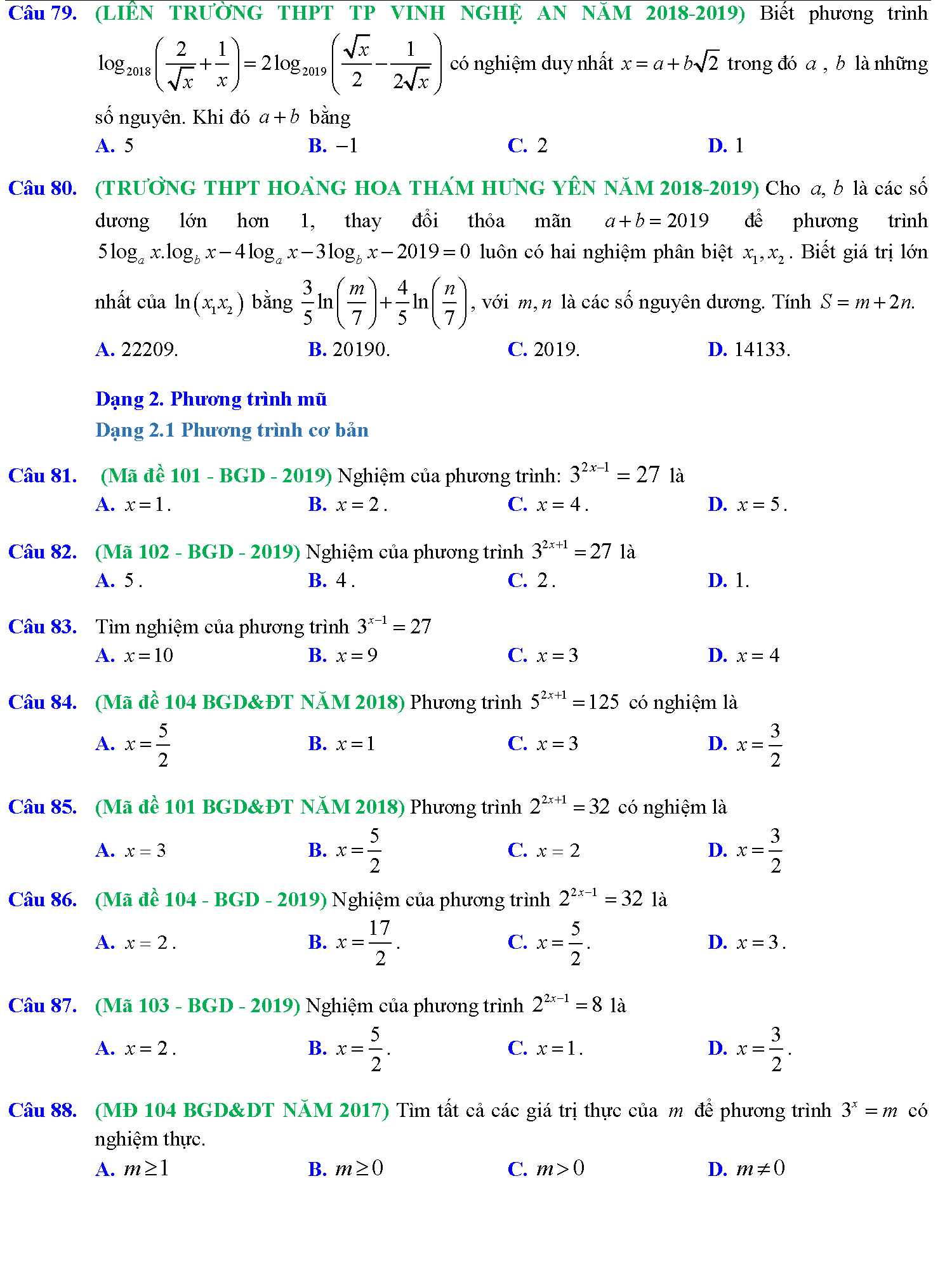 Phương trình mũ, phương trình logarit trong kỳ thi THPTQG 11