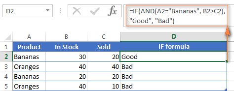 An example of the IF formula with a nested AND function