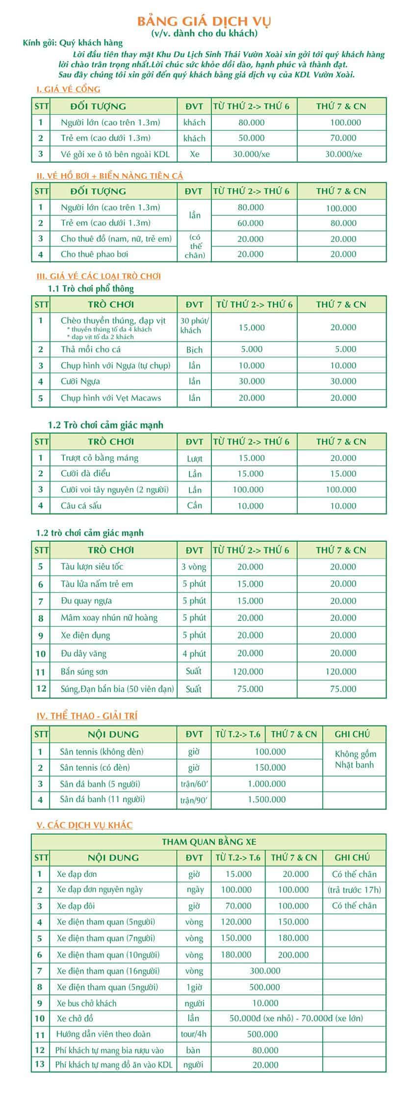 Bảng giá các dịch vụ ở khu du lịch Vườn Xoài