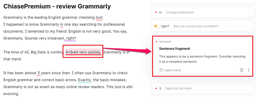 Grammarly đưa ra gợi ý chỉnh sửa khá chi tiết