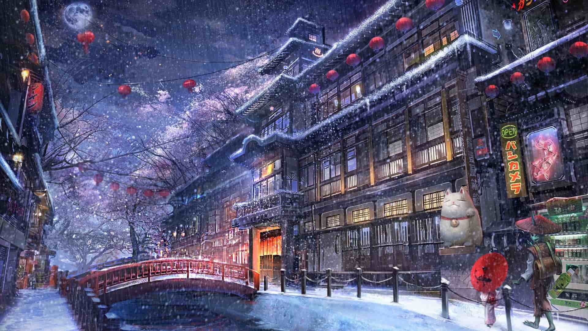 Hình Anime cảnh đường phố vào mùa đông