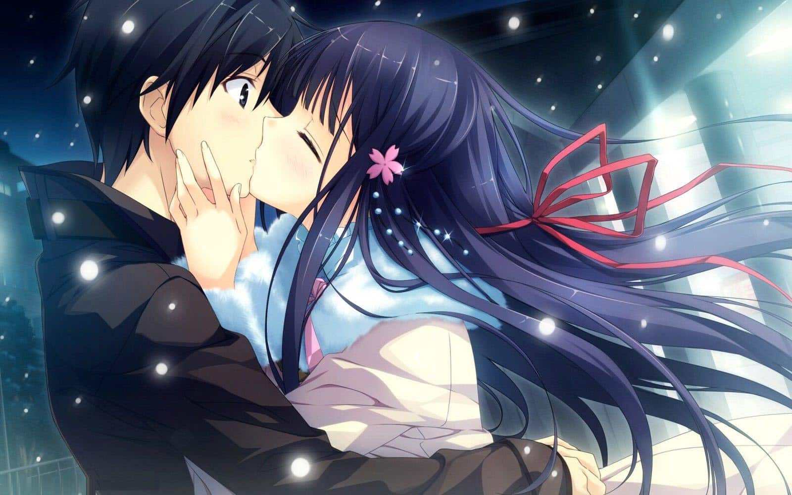 Hình Anime cặp đôi hôn nhau giữa mùa đông