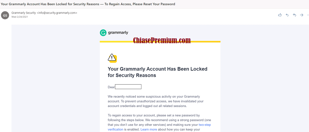  Thông báo khóa tài khoản "Your Grammarly Account Has Been Locked for Security Reasons"