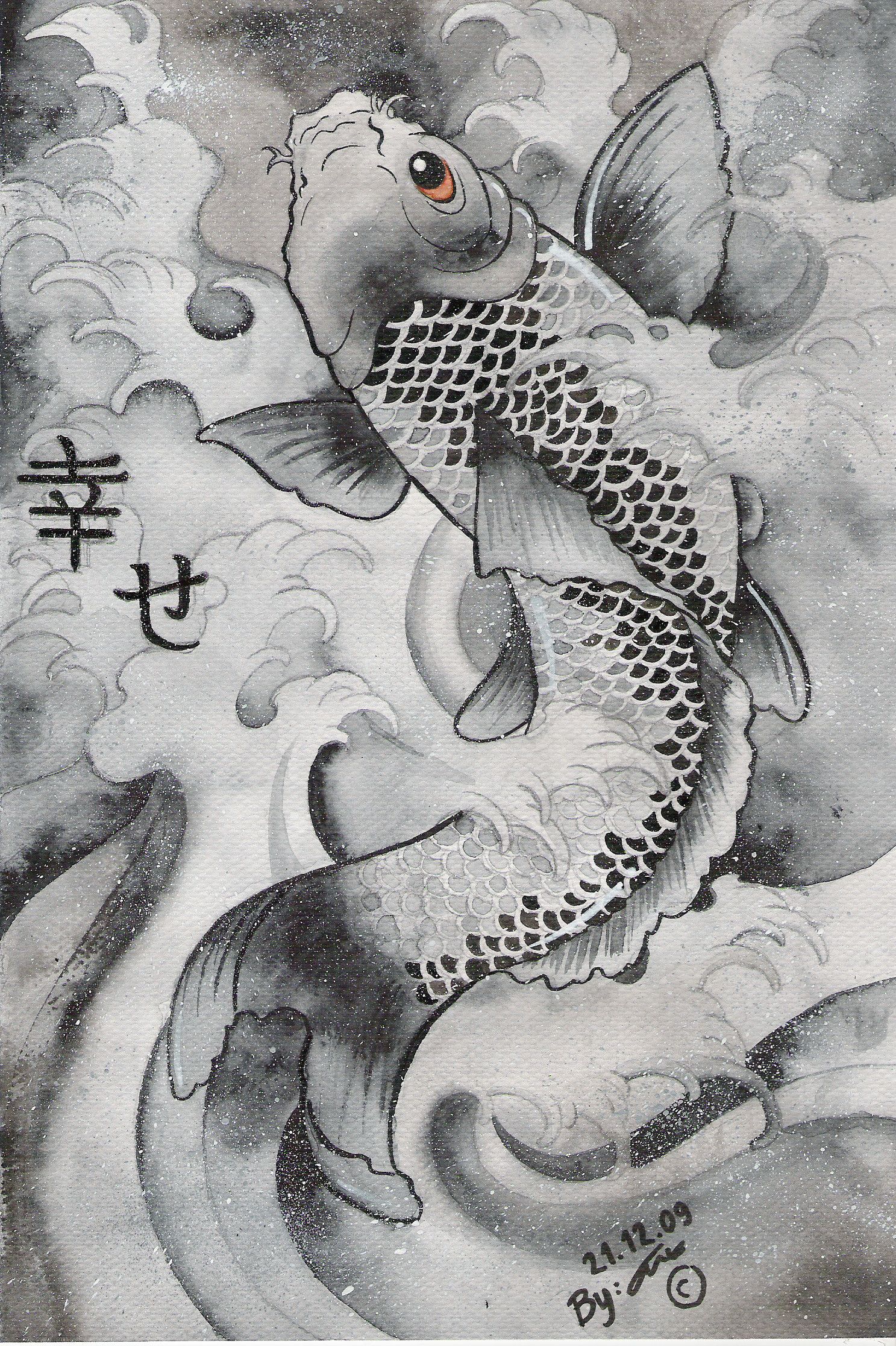 Hình nền trắng đen cá chép hóa rồng