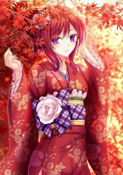 Hình Anime mùa thu cô gái mặc Kimono xinh đẹp