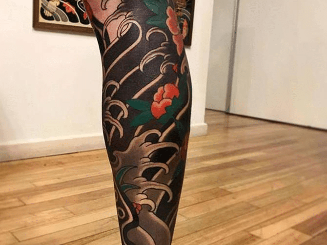 Hình tattoo bắp chân Nhật cổ
