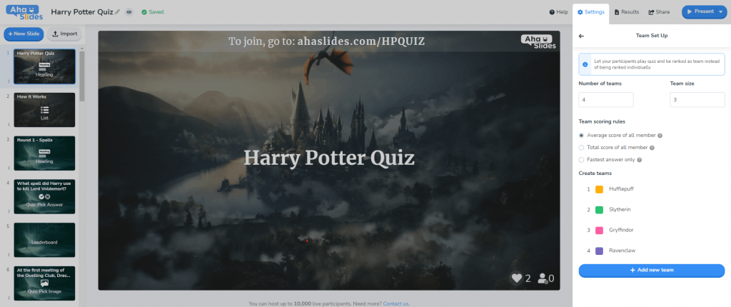 Setting up teams on AhaSlides'  downloadable Harry Potter quiz.