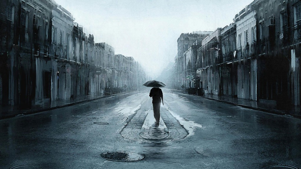 cầm ô đi dưới mưa giữa con phố vắng lặng