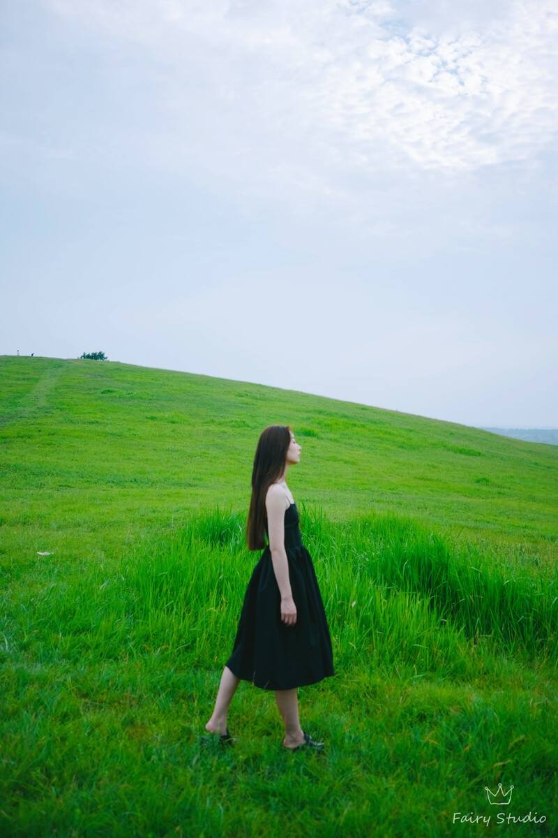 cô gái đi một mình giữa đồng cỏ xanh