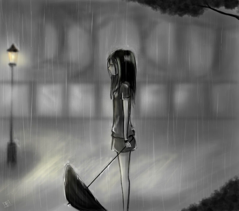 con gái buồn ánh đèn và chiếc ô