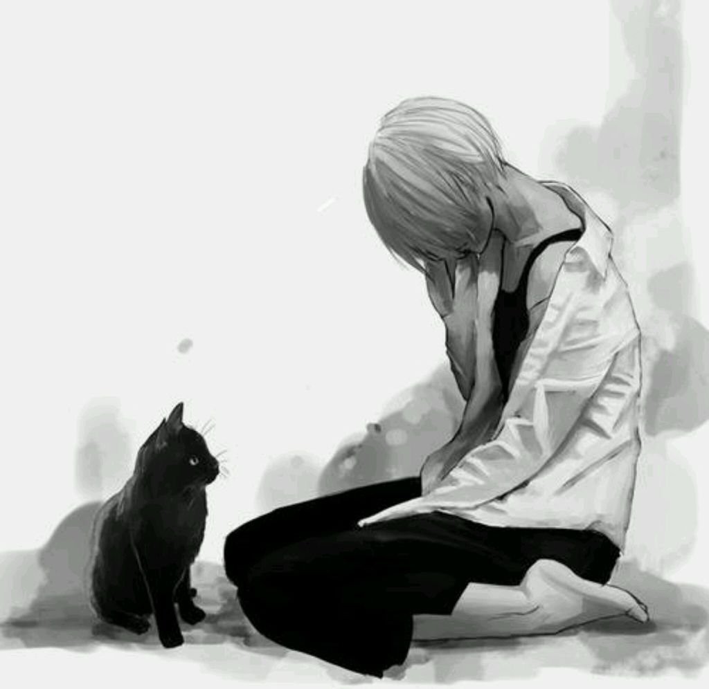 hình ảnh buồn cô gái và con mèo đen