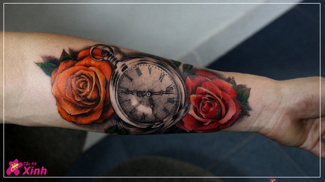 hình xăm hoa hồng và đồng hồ kín tay 001