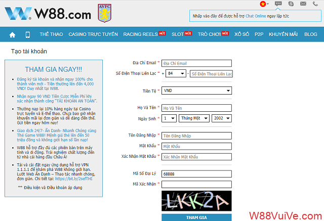 Hướng dẫn đăng ký tài khoản W88