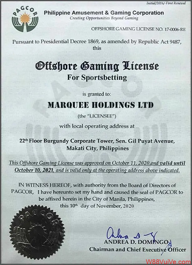 W88 đã được nhận giấy phép hoạt động từ Cục Quản lý và Giải trí Philippin - PAGCOR (Philippine Amusement and Gaming Corporation)