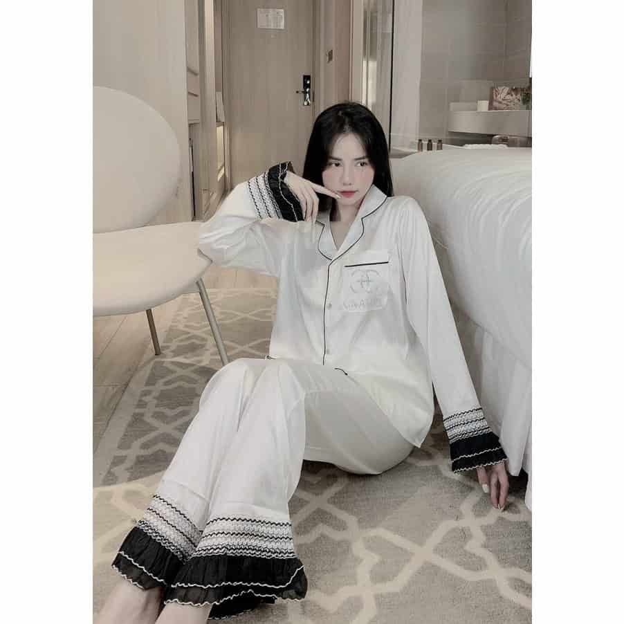 Đồ Bộ Nữ Tiểu Thư Tay Dài Viền Ren Đính Đá Phong Cách Quảng Châu - Đồ ngủ, Pyjama Lụa Freesize | Shopee Việt Nam